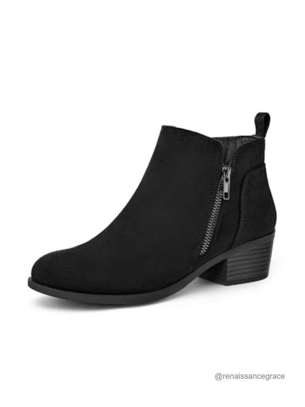 Women's Round Toe Ankle Bootie Low Block Heel Side Zipper Suede